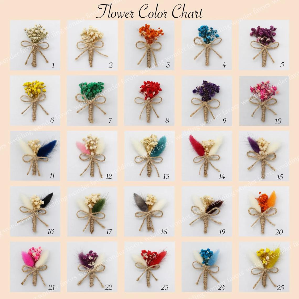 Flower Color Chart for Personalization Options: A chart displaying 25 different flower bundles for customization options, each tied with jute string and decorated with a bow. The flower colors range from neutral tones like cream and beige to vibrant hues such as red, blue, pink, and purple. Each flower arrangement is uniquely numbered from 1 to 25, allowing customers to select their preferred color combination for their personalized product