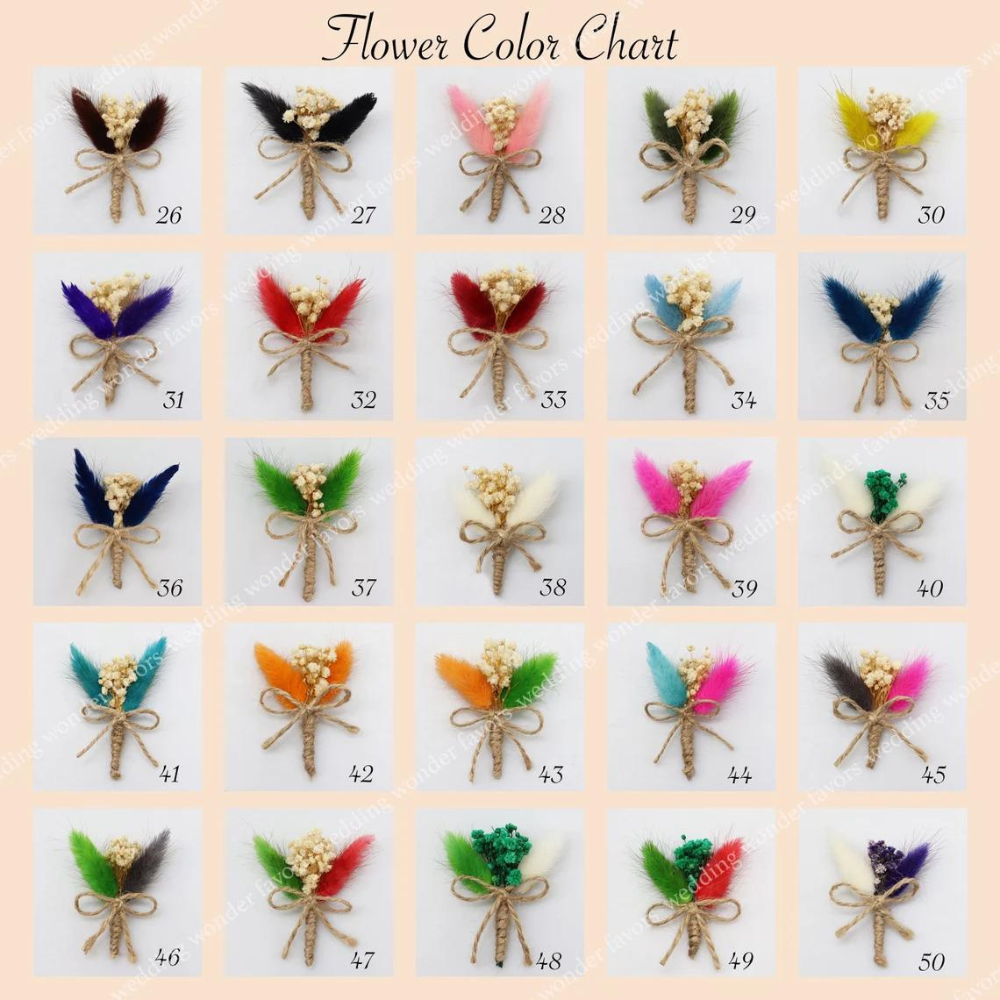 Flower Color Chart for Personalization Options: A second chart displaying 25 additional flower bundles for customization, numbered from 26 to 50. Each bundle is tied with jute string and a bow, featuring various color combinations such as vibrant blue, soft pink, deep green, and neutral shades. The selection includes a range of bold and subtle colors, allowing customers to choose their preferred flower combination for personalizing their product.