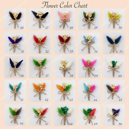 Flower Color Chart for Personalization Options: A second chart displaying 25 additional flower bundles for customization, numbered from 26 to 50. Each bundle is tied with jute string and a bow, featuring various color combinations such as vibrant blue, soft pink, deep green, and neutral shades. The selection includes a range of bold and subtle colors, allowing customers to choose their preferred flower combination for personalizing their product.