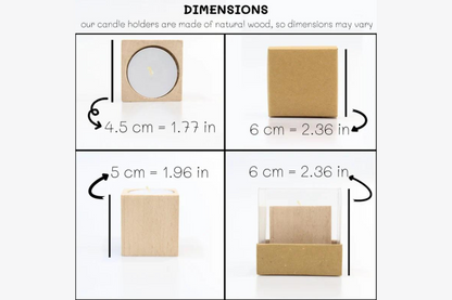 Dimensions of our personalized candle holders: 4.5 cm (1.77 in) diameter, 5 cm (1.96 in) height, and 6 cm (2.36 in) square base. Made of natural wood, each holder comes in a clear box measuring 6 cm (2.36 in), perfect for elegant wedding favors.