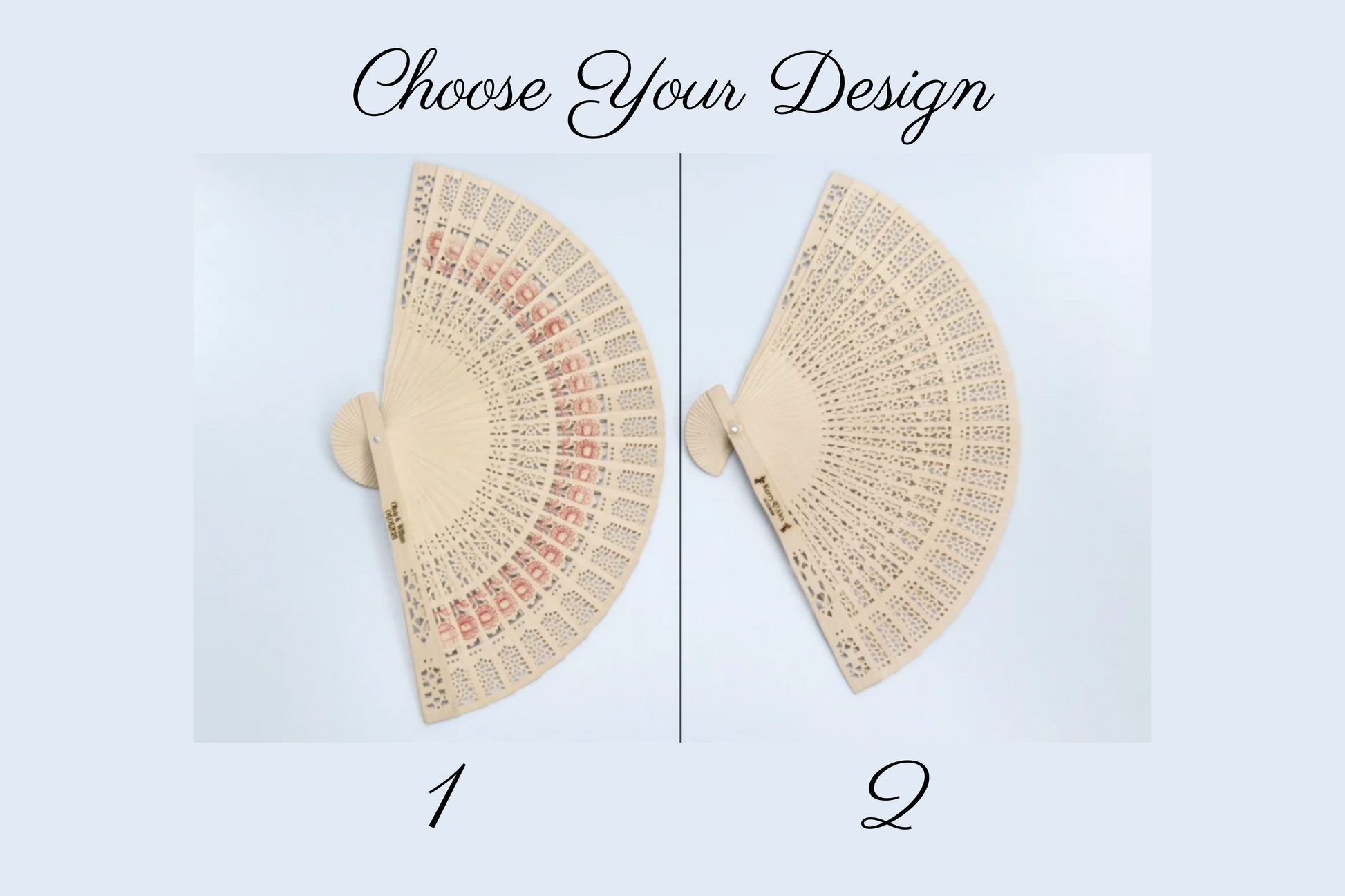 Choose your design: Two rustic wooden hand fans with intricate lace patterns and personalized options, perfect for wedding favors, displayed on a light blue background.