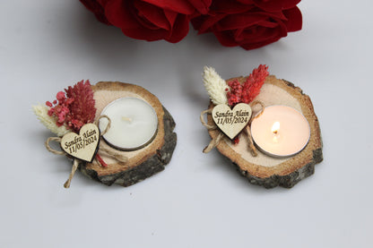  Handcrafted rustic wedding favor featuring a personalized wooden candle holder with engraved tags and vibrant dried flower arrangements. This bespoke piece combines natural elegance with custom details, perfect for adding a unique touch to your celebration. Ideal for creating a warm, memorable atmosphere at weddings.