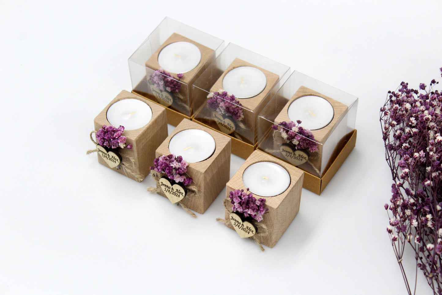 Personalized wooden candle holder wedding favors with purple dried flowers, featuring customizable names and date examples, displayed in a 3x2 arrangement with three in clear packaging and three without.