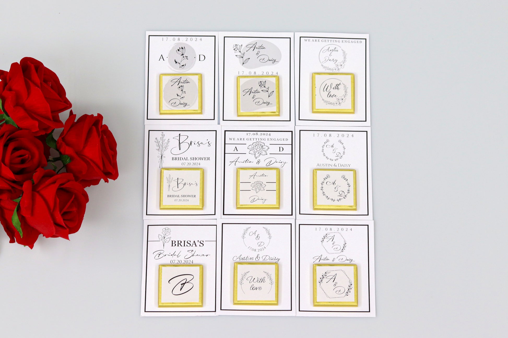 Collection of personalized bridal shower and engagement favor cards, adorned with red roses, custom names, dates, and intricate floral designs, framed with elegant yellow ribbon accents