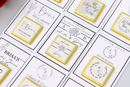 Personalized bridal shower and engagement favor cards with custom names and dates, featuring elegant floral designs and yellow ribbon accents