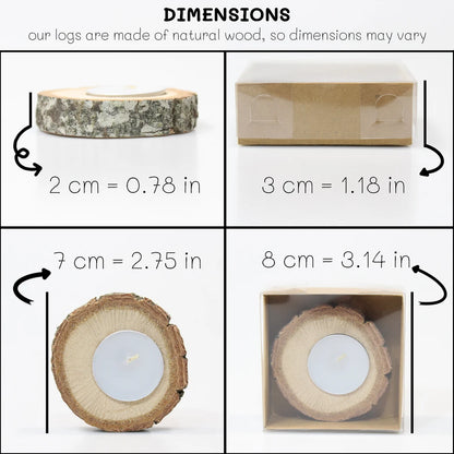 Detailed dimensions of our personalized handcrafted rustic memorial candle holders with dove tag. The natural wood log base measures approximately 2 cm (0.78 in) in height and 7 cm (2.75 in) in diameter. Each candle holder is packaged in a box measuring 3 cm (1.18 in) in height and 8 cm (3.14 in) in width, perfect for commemorating loved ones with a touch of rustic elegance and heartfelt personalization.