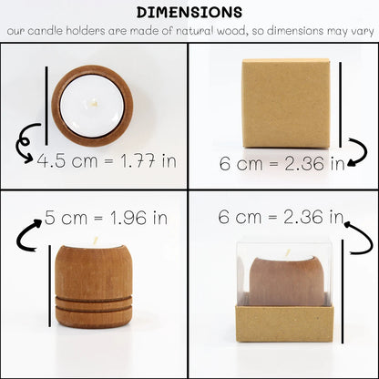 Dimensions of rustic wooden tea light candle holders displayed in four views. The holders measure 4.5 cm (1.77 in) in diameter, 5 cm (1.96 in) in height, and 6 cm (2.36 in) when packaged in a clear box. The natural wood material may cause slight variations in dimensions.