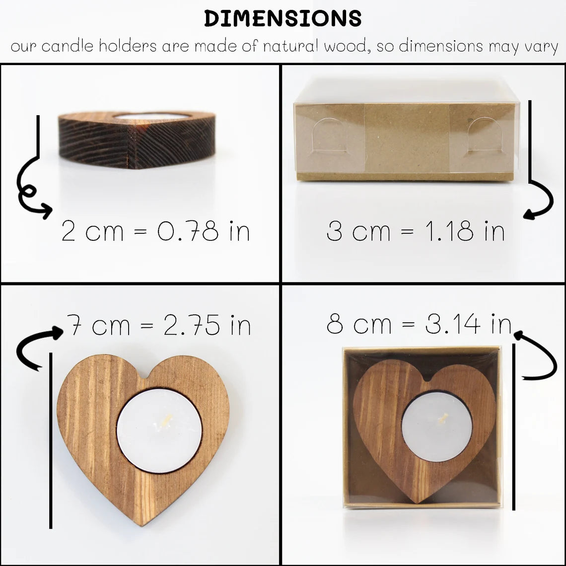 Dimensions of Personalized Heart-Shaped Wooden Candle Holders with Dried Flowers. These rustic wedding favors feature candle holders made from natural wood, each measuring approximately 2 cm (0.78 in) in height, 7 cm (2.75 in) in width, and 8 cm (3.14 in) in length. The package dimensions are 3 cm (1.18 in) in height. Perfectly sized for adding a personalized touch to wedding celebrations. Example names and dates are shown for personalization.