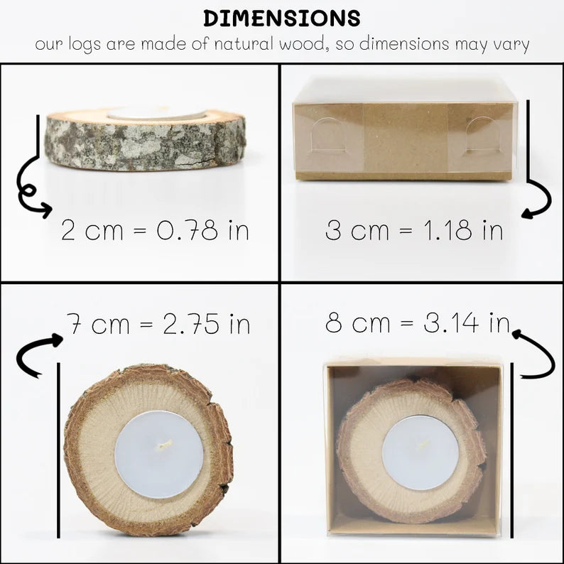 Dimensions of personalized handcrafted rustic memorial candle holders with engraved angel tags. The image details the dimensions of the natural wood slice candle holders: 2 cm (0.78 in) thickness, 7 cm (2.75 in) diameter, 3 cm (1.18 in) packaging height, and 8 cm (3.14 in) packaging width. Ideal for personalized funeral favors, these memorial candle holders offer a heartfelt and rustic tribute.