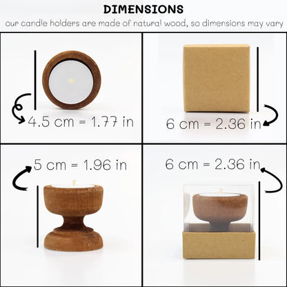 Dimensions guide for personalized handcrafted funeral favor candles with natural wood holders. The candle holder diameter is 4.5 cm (1.77 in), height is 5 cm (1.96 in), and the packaging dimensions are 6 cm x 6 cm (2.36 in x 2.36 in). Note: dimensions may vary due to the natural wood material.